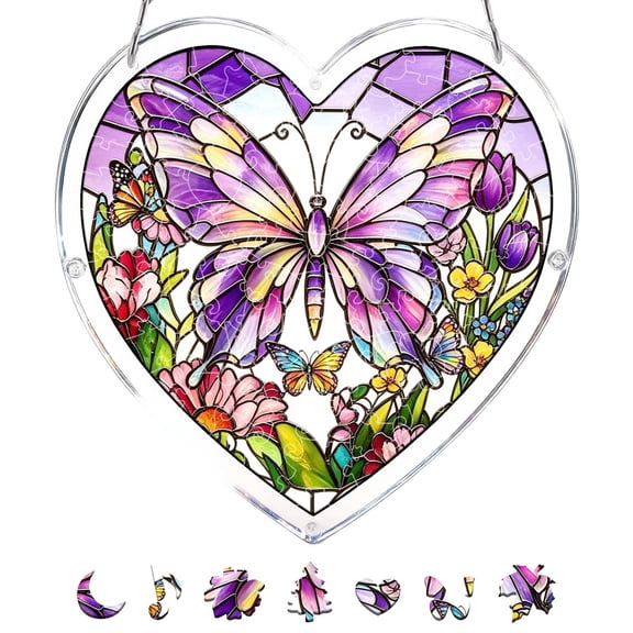 Yardvibe Acrylic Heart Shaped Puzzle Suncatcher, 83 Pieces, 7.48" Butterfly Sun Catchers Puzzle, DIY SunCatchers Puzzles Window Hanging, Home & Garden Decor (Purple)