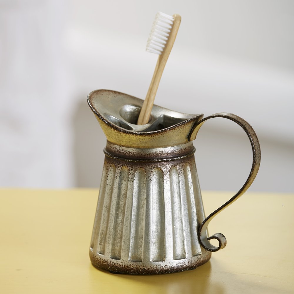 Distressed Farmhouse Toothbrush Holder with Cream Pitcher Design
