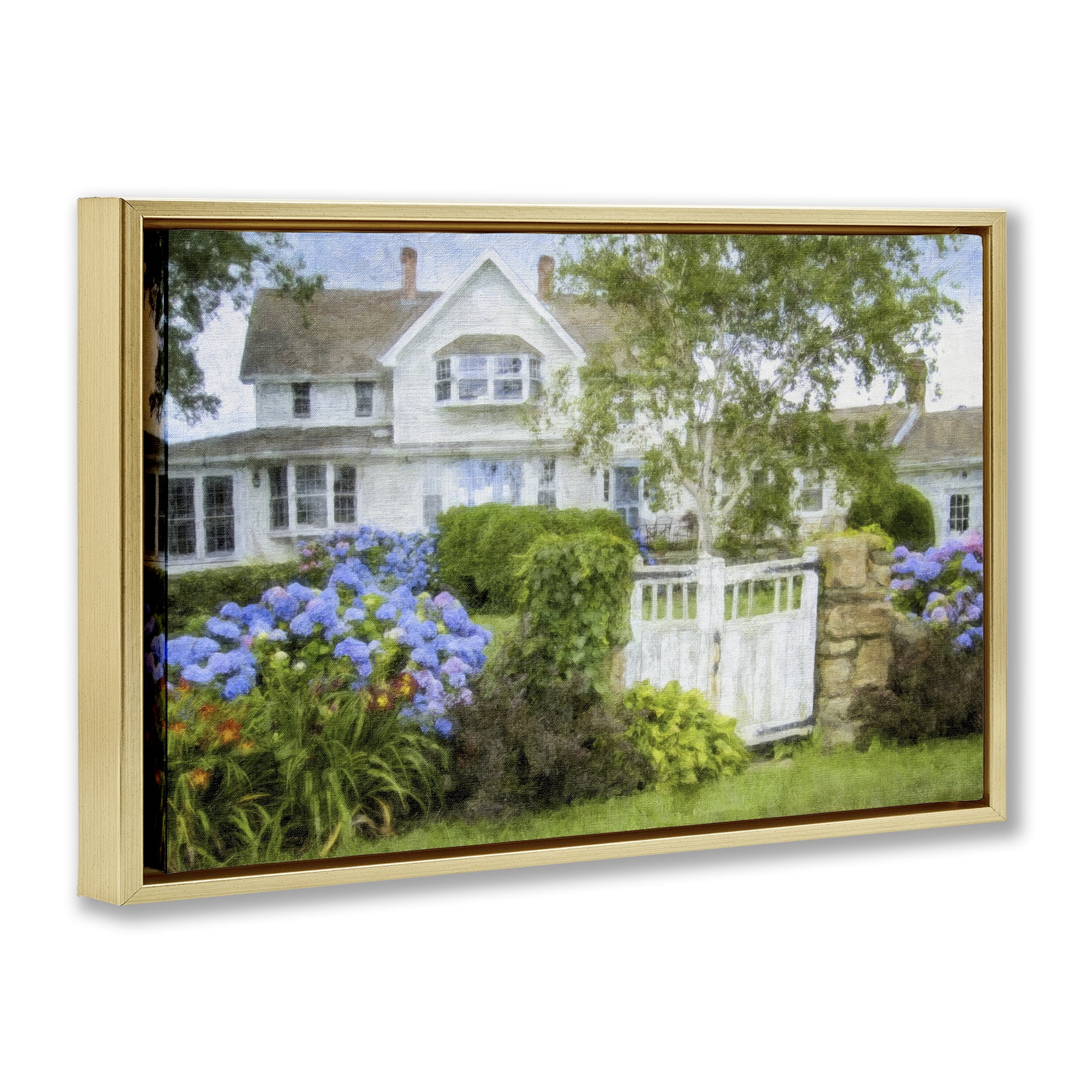 Stupell Industries Beach Getaway Cottage Buildings & Architecture Painting Gold Floater Framed Canvas Art Print Wall Art, 25 x 17