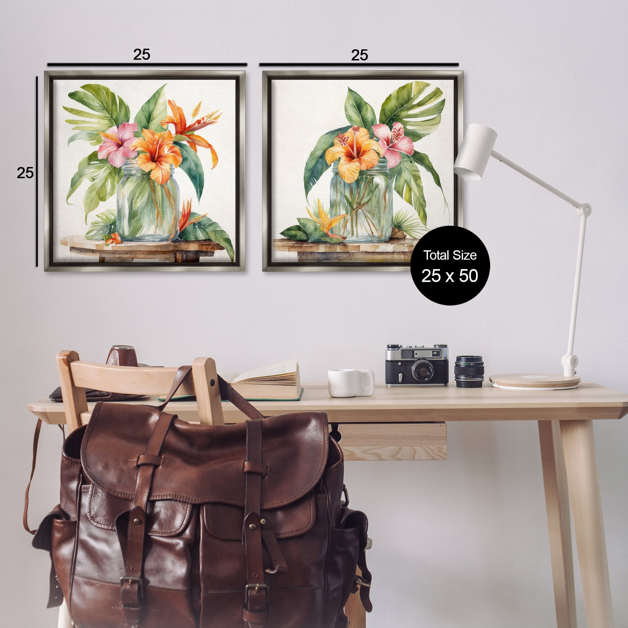 Stupell Industries Tropical Hibiscus Floral Jar Plants & Flowers Painting Gray Floater Framed Canvas Art Print Wall Art, 25 x 25, Set of 2