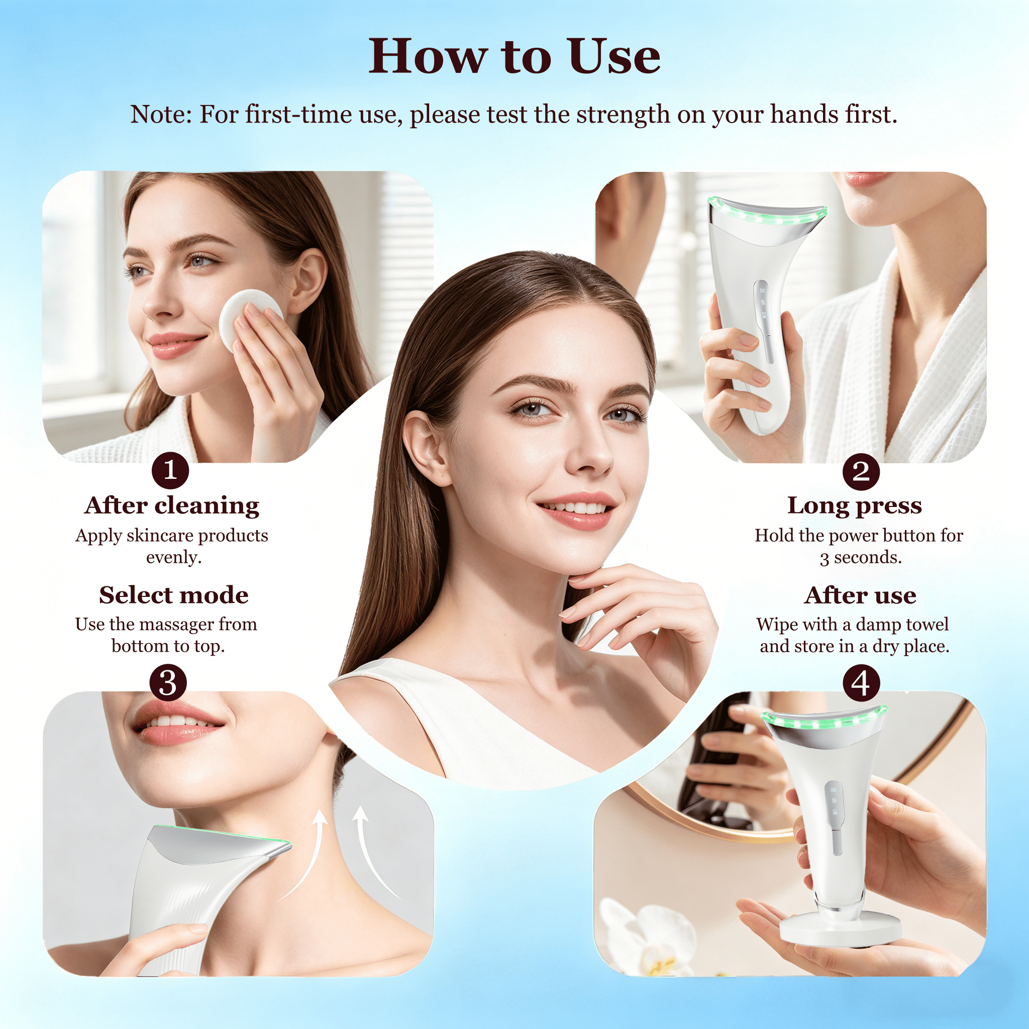 3 Color Red Light Therapy Face Neck Massager, Adjustable Vibration Neck Firming Device, Portable Facial Skincare Tool with Base, White