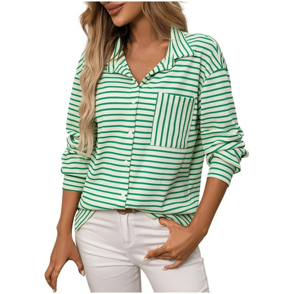 Maplenight Button Down Shirts for Women Lapel Long Sleeve Womens Tops Striped Regualar Fit Trendy Blouses with Pocket