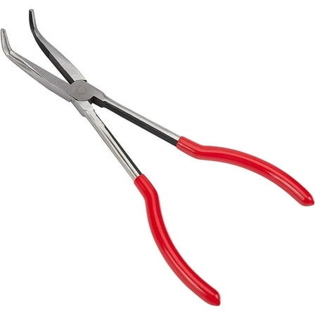 High Carbon Steel Bent Needle Nose Pliers Long Reach 90 Degree Angle Serrated Jaw with Rubber Handle Red 26x6.2x4.7cm DIY