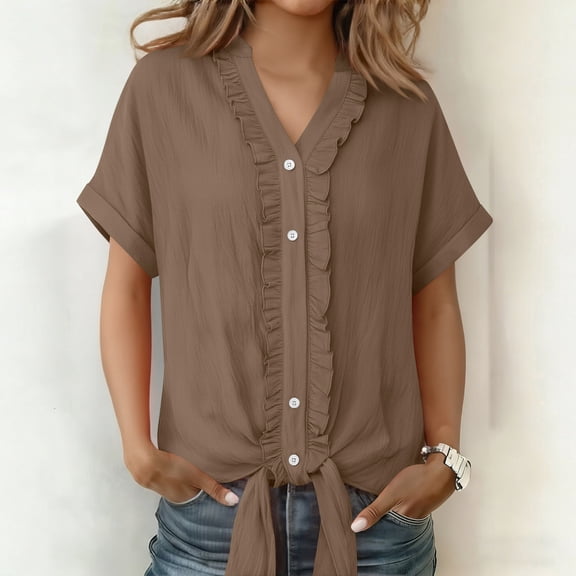 Xdegoge Ruffle Button Down Shirts for Women Cotton Linen Short Sleeve V Neck Blouses Casual Tie Front Summer Tops Lightweight Breathable Work Office Cuffed Sleeve Shirts for Women