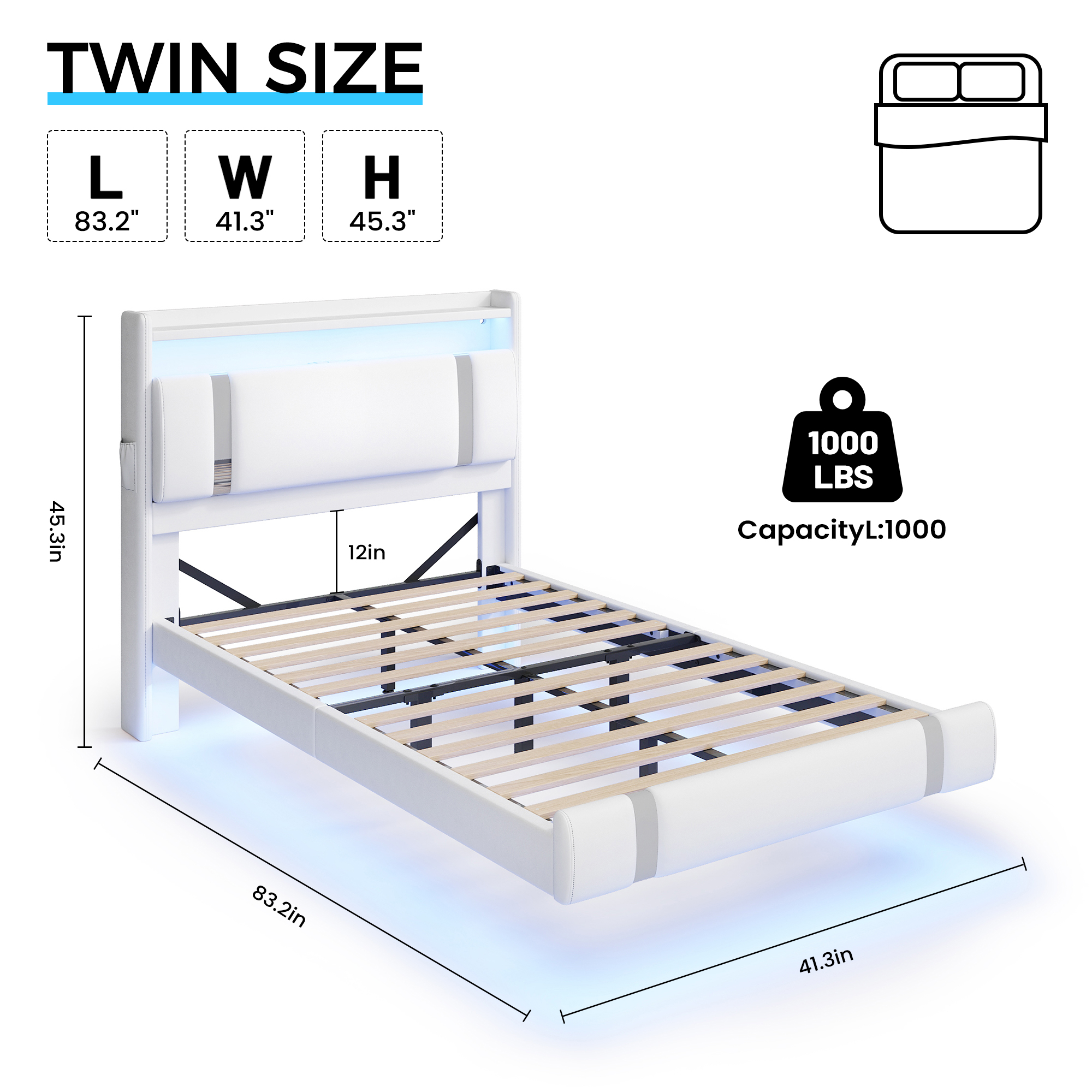 IDEALSOUL Twin Size Floating Bed Frame with Upholstered Storage Headboard, Metal Platform Bed with Charging Station & LED,No Box Spring Needed,Easy to Assemble (Twin,White)