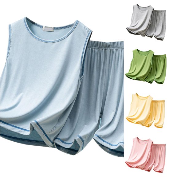Toddler Boys Summer Outfits 2 Piece Children's Sleeveless Vest Tops and Shorts Set Home Wear Loose Casual Suit Set Size 18-24 Months ,Blue