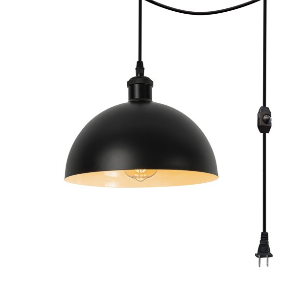 FSLiving Hanging Swag Lamp no Wiring Needed Portable Pendant Light with 15ft Plug-in UL Dimmable Cord Matte Black Light Industrial Iron Dome Shape,Matte Black Socket Hanging Lamp, 1 Light