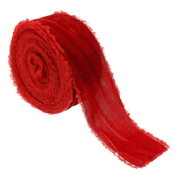 Velvet Ribbon for Gift Wrapping 1-1/2 Inch x 3 Yard Handmade Frayed Vintage Ribbons, Bright Red