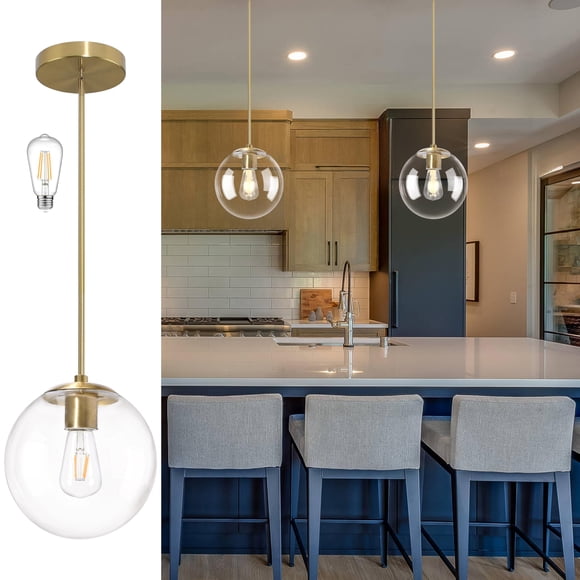 Bagood 10 Inch Globe Pendant Light Gold Mid Century Pendant Light Adjustable Hanging Light Fixture Globe Pendant Lights Kitchen Island Clear Glass wi