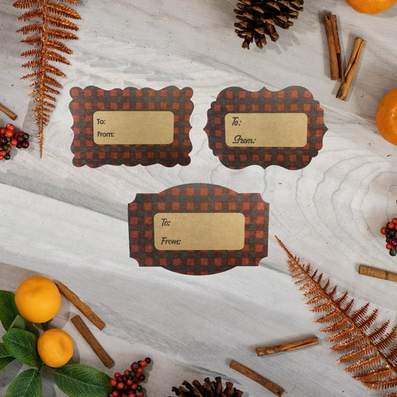 Red Buffalo Plaid Kraft Christmas Holiday Gift Tags Present Stickers | 2 x 3" inch - 100 Pack