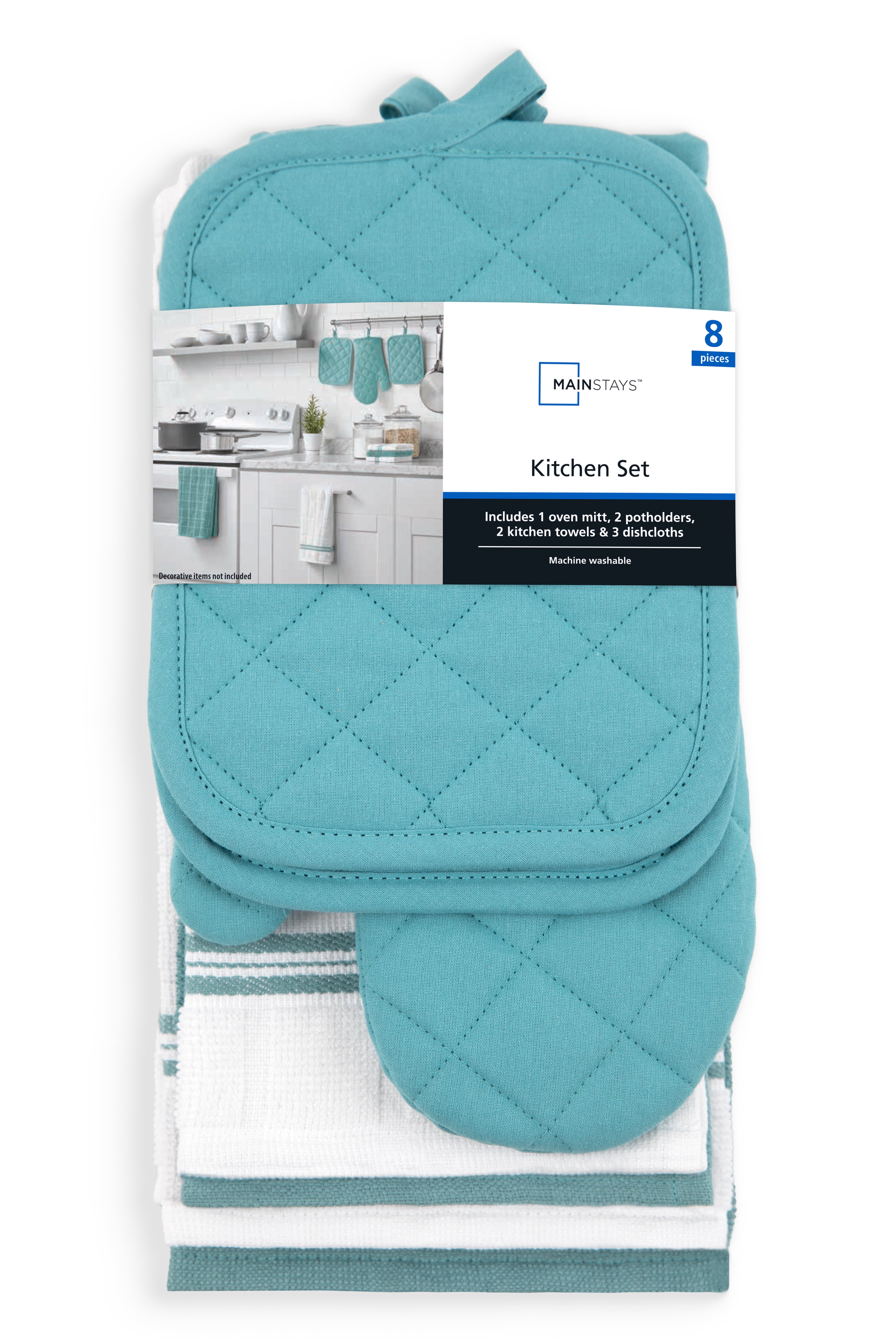 Mainstays 8-Piece Cotton Kitchen Towel, Dishcloth, Oven Mitt, and Pot Holder Set, Blue