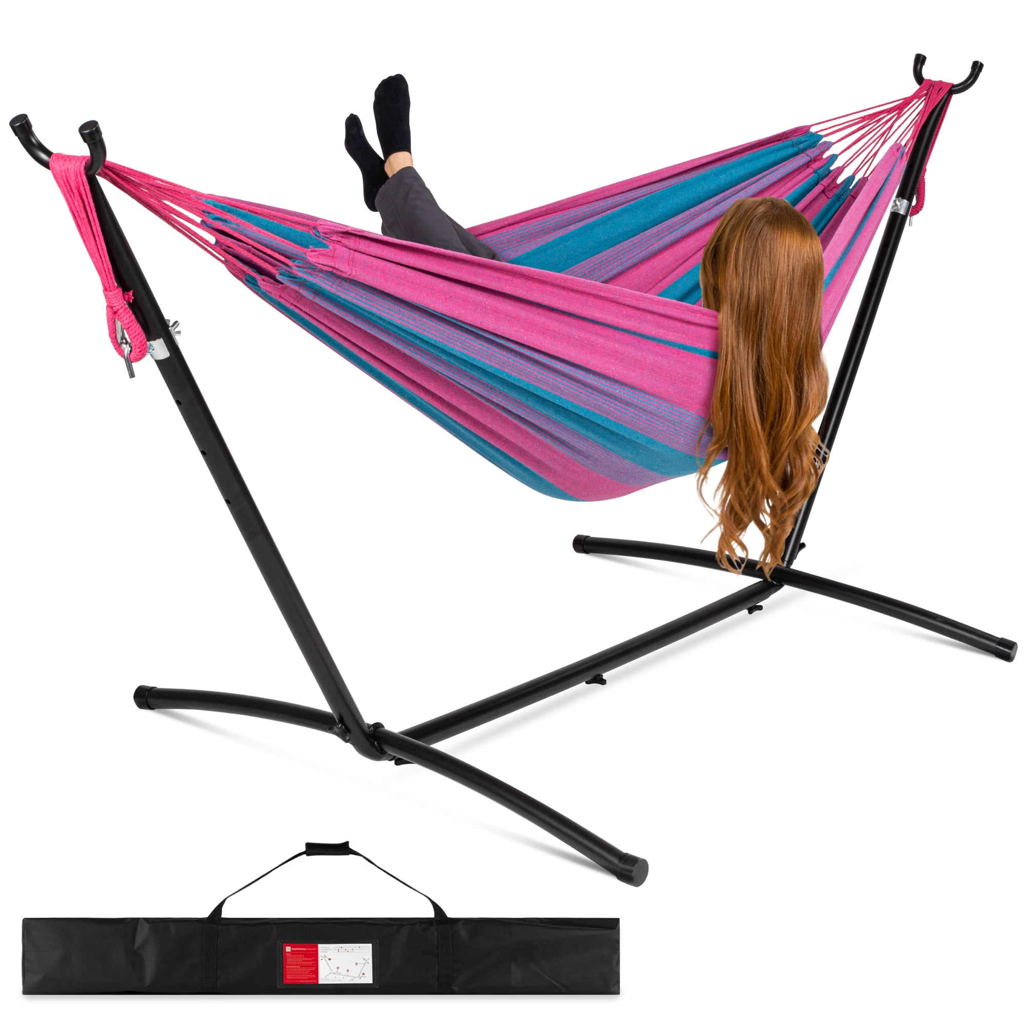 Best Choice Products 2-Person Brazilian-Style Cotton Double Hammock with Stand Set w/ Carrying Bag - Aster
