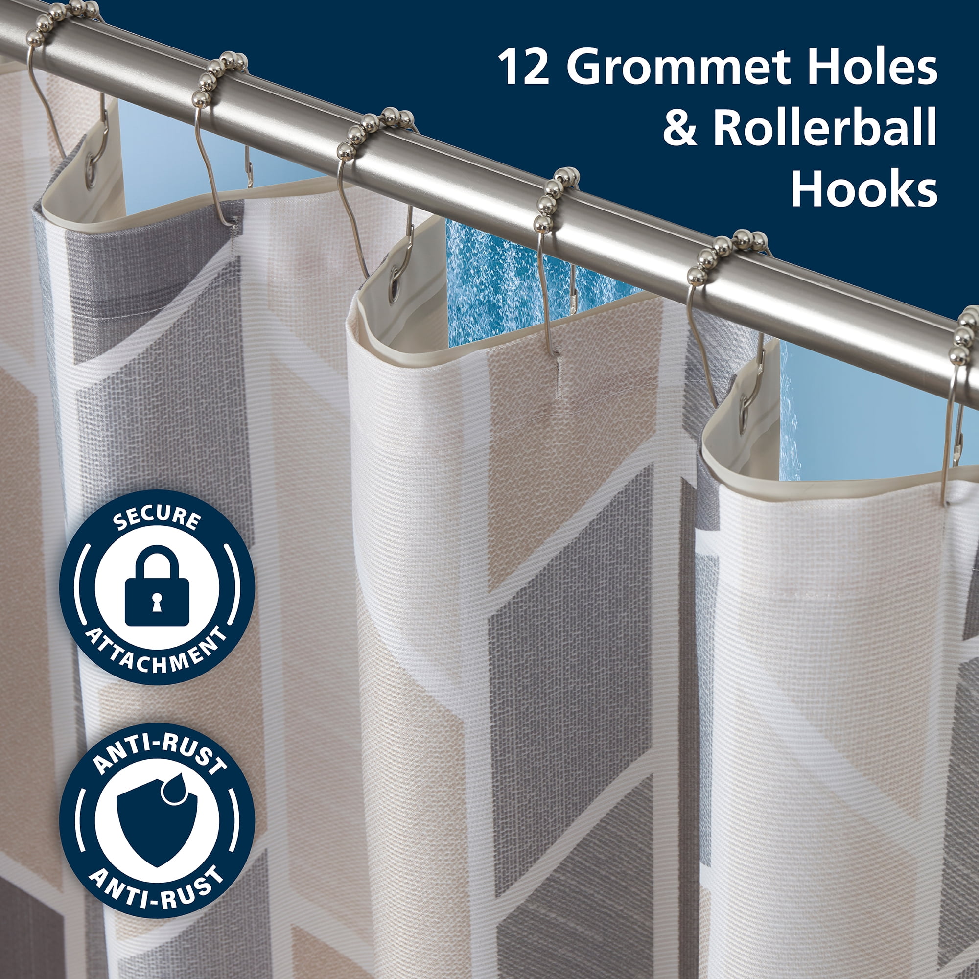 Mainstays 14 Piece Fabric Shower Curtain Set, PEVA Liner & Hooks, Natural Geometric 72" x 72"