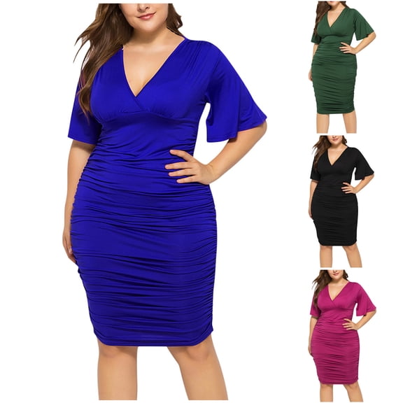 Fartey Plus Size Cocktail Dresses for Women Trendy V Neck Short Sleeve Wedding Guest Dress Formal Bodycon Evening Party Dress Black 3XL