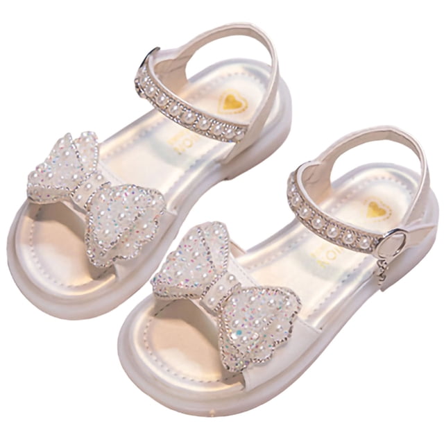 Xfvqtps Kids Girls Summer Princess Sandals Open Toe Rhinestone Bow Pearl Hook and Loop Soft Thick Sole Flats Shoes