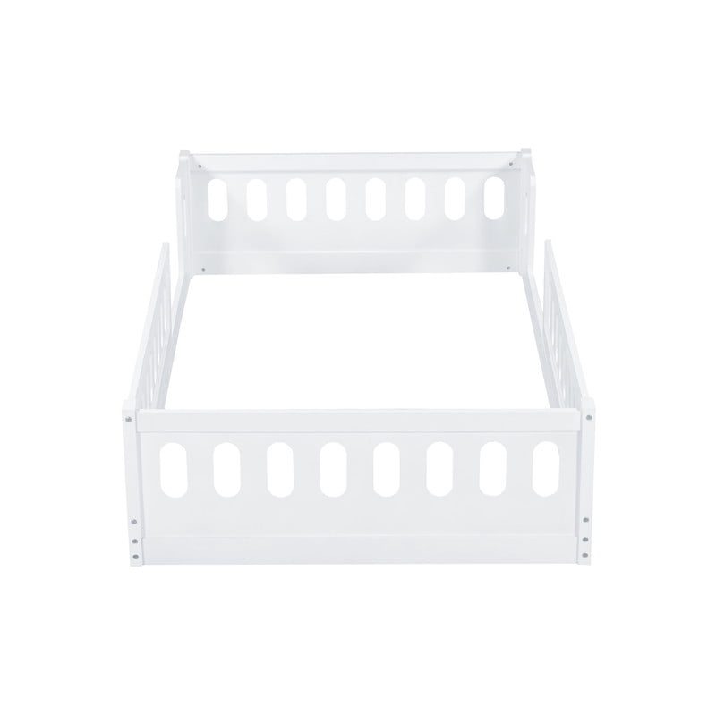 Twin Size Low Profile Platform Bed with Guardrails, Wooden Montessori Kids Floor Bed without Support Slat