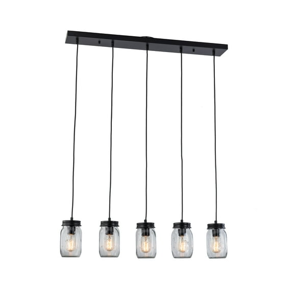 5-Light Seeded Glass Shade Chandelier Ceiling Light Fixture Pendant, Modern Linear Black Farmhouse Chandelier