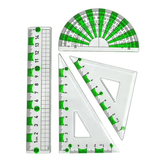 4 Pcs Plastic Geometry Measuring Kit, Transparent Drafting Ruler Set, 180 Degree Protractor Tool, Angled Triangle Measuring Templates, Clear Math Marking Rulers, Precision Measuring Tool Pack
