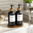 thumbnail image 2 of Black Glass Hand Soap and Lotion Dispenser Set with Tray, Liquid Hand Soap Dispenser and Pump, Bathroom Soap Dispenser Set, Bamboo Bathroom Accessories & Modern Bathroom Deco, 2 of 3