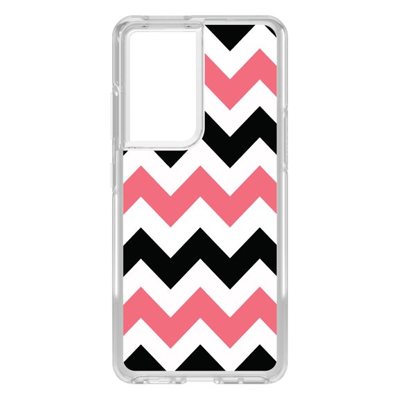 DistinctInk Clear Shockproof Hybrid Case for Galaxy S21 ULTRA 5G (6.8" Screen) - TPU Bumper, Acrylic Back, Tempered Glass Screen Protector - Black Pink Chevron Stripes - Chevron Stripes