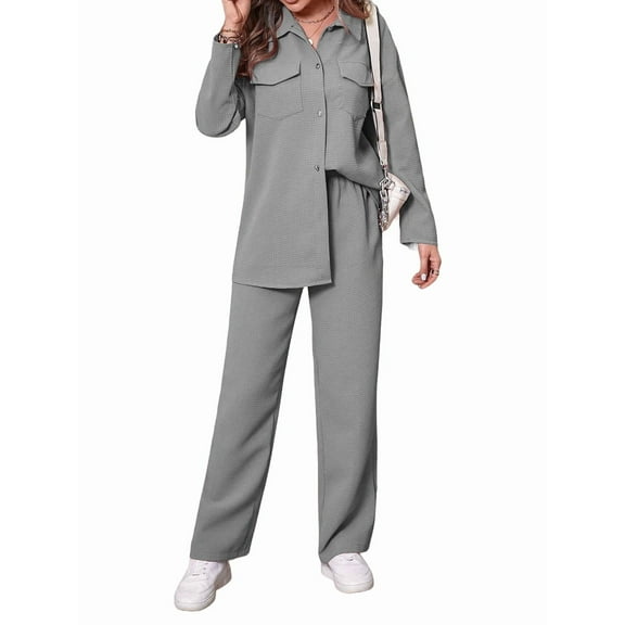 Womens Knit Lounge Set 2 Piece Loungewear Long Sleeve Button Jacket and Straight Pants Outfits Light Gray XL