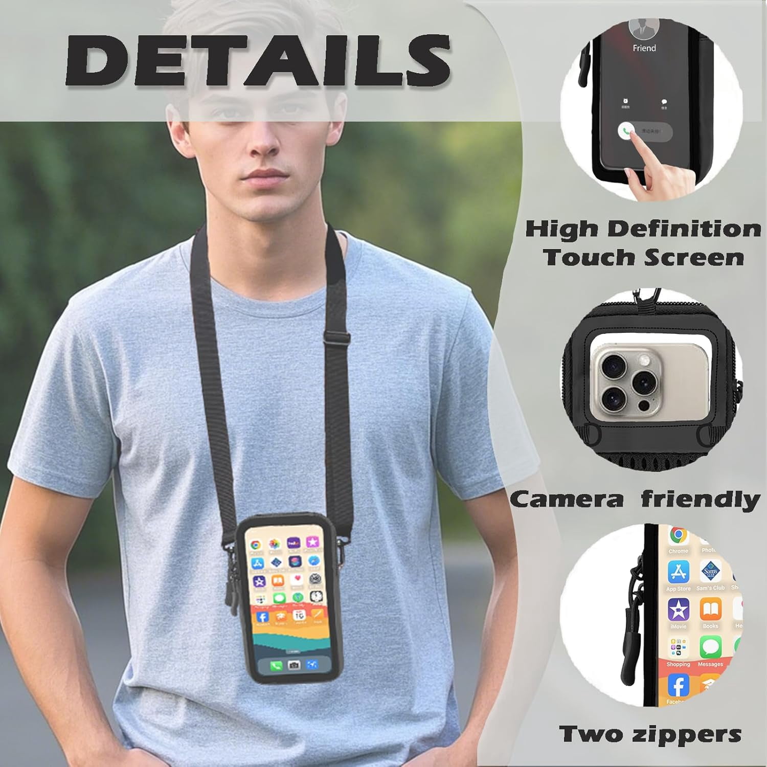 Cell Phone Sleeve Pouch Case Bag with Adjustable Crossbody Strap and Wrist Strap, Touchscreen-Friendly Clear Cell Phone Purse Bag with Carabiner for Men Women (Clear Black- A)