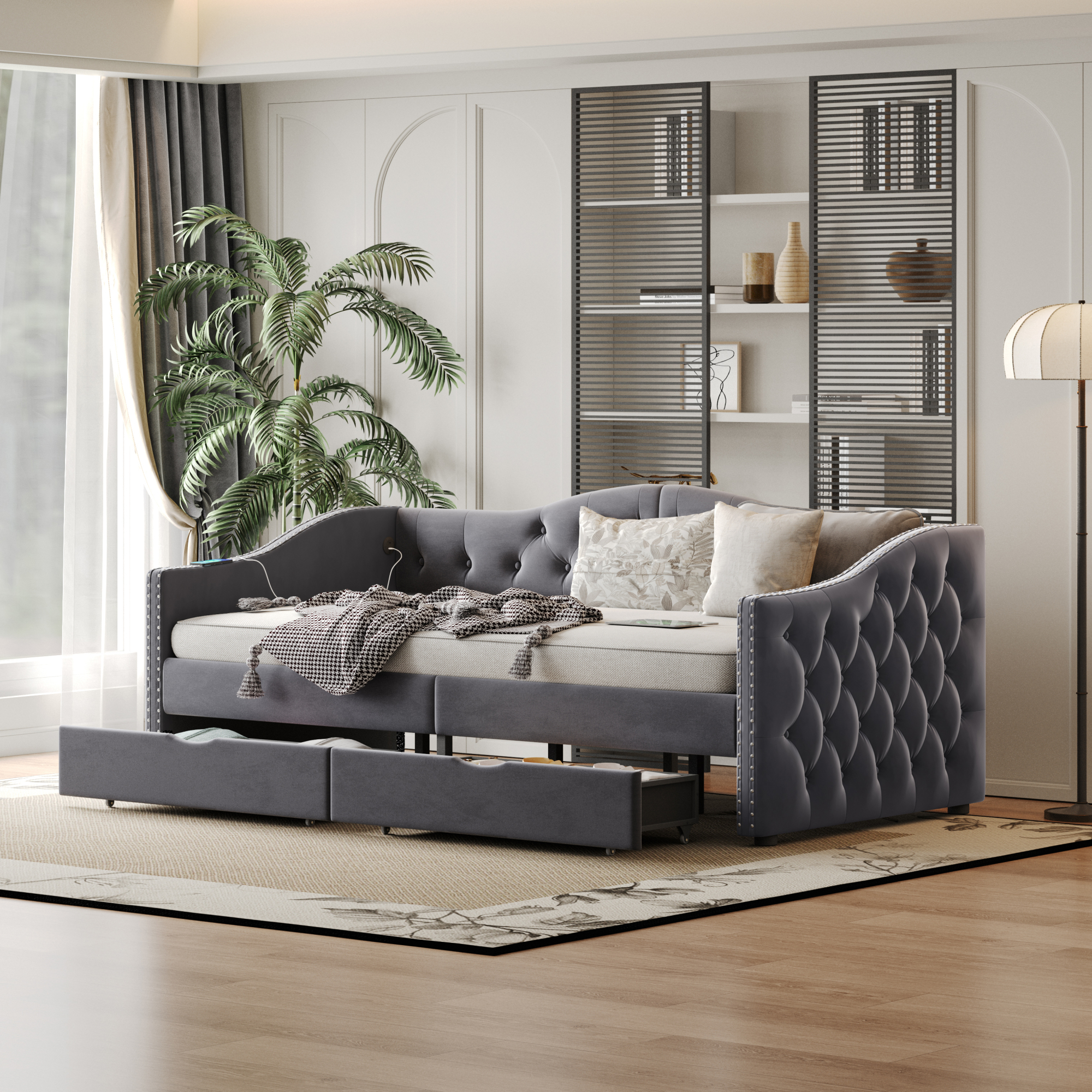 Leumius Twin Size Upholstered Daybed with Storage Drawers, Wood Daybed with USB Ports & 2 Storage Drawers for Living Room Guest Room Grey