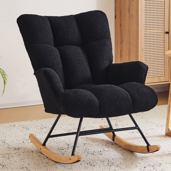 SAETSFEG Rocking Chair Nursery Teddy Upholstered Glider Rocker Rocking Accent Chair Padded Seat with High Backrest Armchair Comfy Side Chair for Living Room, Bedroom, Black
