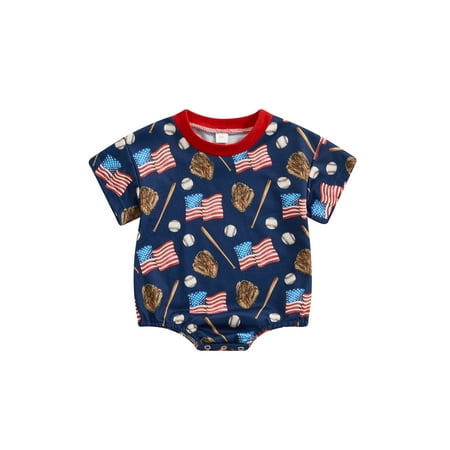 

Niceyoeuk Baby Summer Romper 4th of July Baseball Flag Print Newborn Jumpsuit