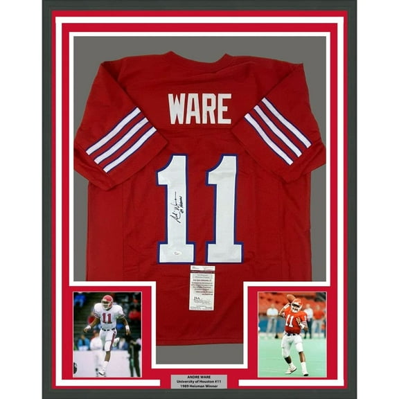 Framed Autographed/Signed Andre Ware 35x39 89 Heisman Houston Red College Football Jersey JSA COA