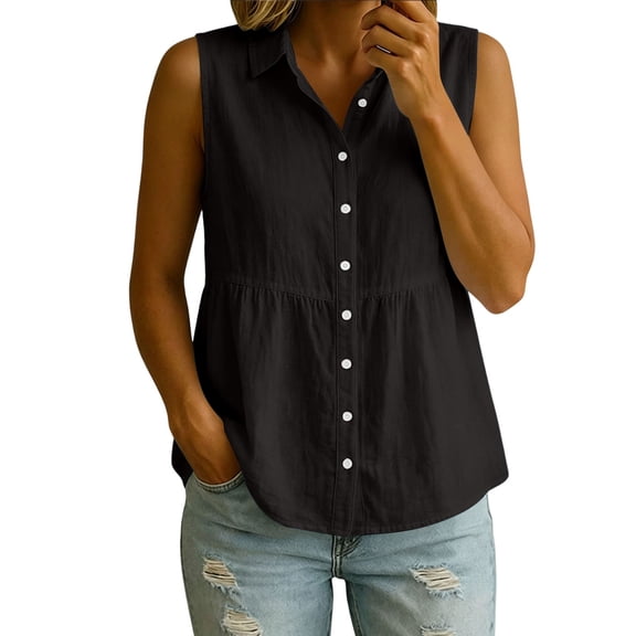 Button Down Linen Tank Tops for Women Summer Business Casual Blouses Dressy Sleeveless Collared Babydoll Shirts
