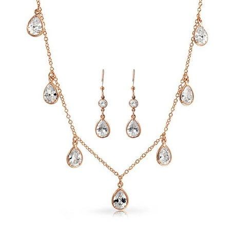 Dangling Pear Shaped Cubic Zirconia Teardrop CZ Fashion Statement Necklace Earring Set For Women Rose Gold Plated