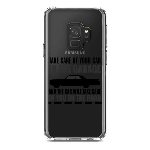 DistinctInk Clear Shockproof Hybrid Case for Samsung Galaxy S9 (5.8" Screen) - TPU Bumper Acrylic Back Tempered Glass Screen Protector - Take Care of the Car, Car Take Care of the Road