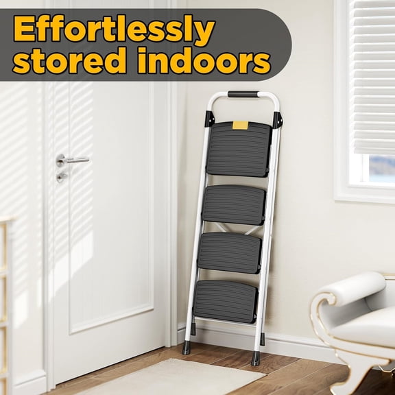 4 Step Ladder, Folding Steel Step Stool with Safety Lock, Anti-Slip Wide Pedals, Pass 800lbs Load Testing, Handrail, Heavy Duty Portable Ladder for Multi-Purpose, Indoor, Office, Kitchen