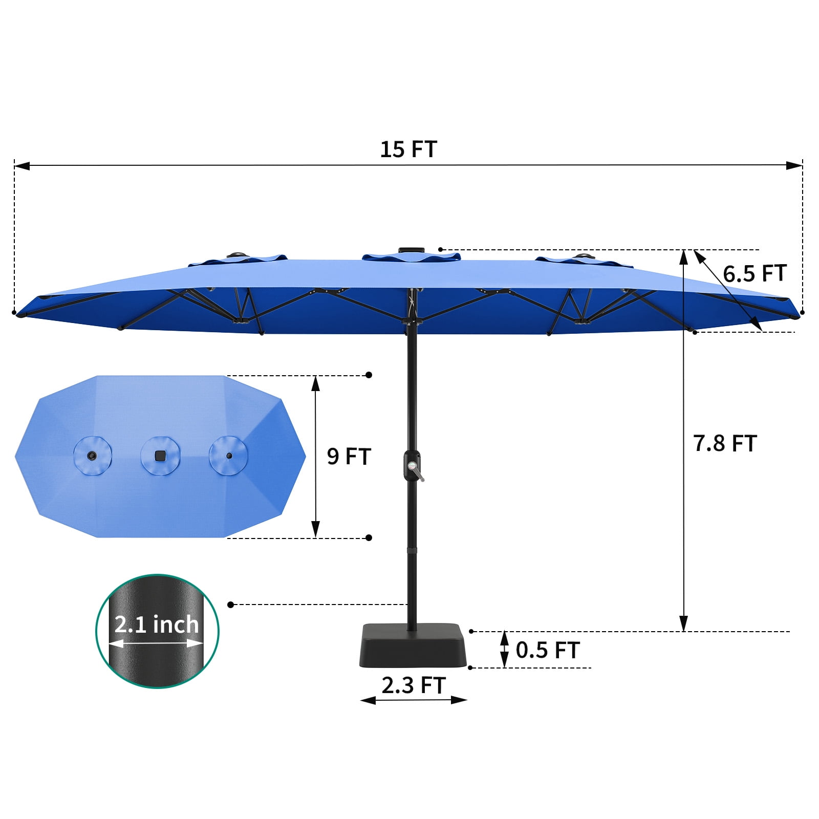 15FT Large Patio Umbrella with Base Included,Double-Sided Outdoor Market Rectangle Umbrellas Oversized Shade for 2-8 People,Weighted Base for Pool,Deck,Backyard