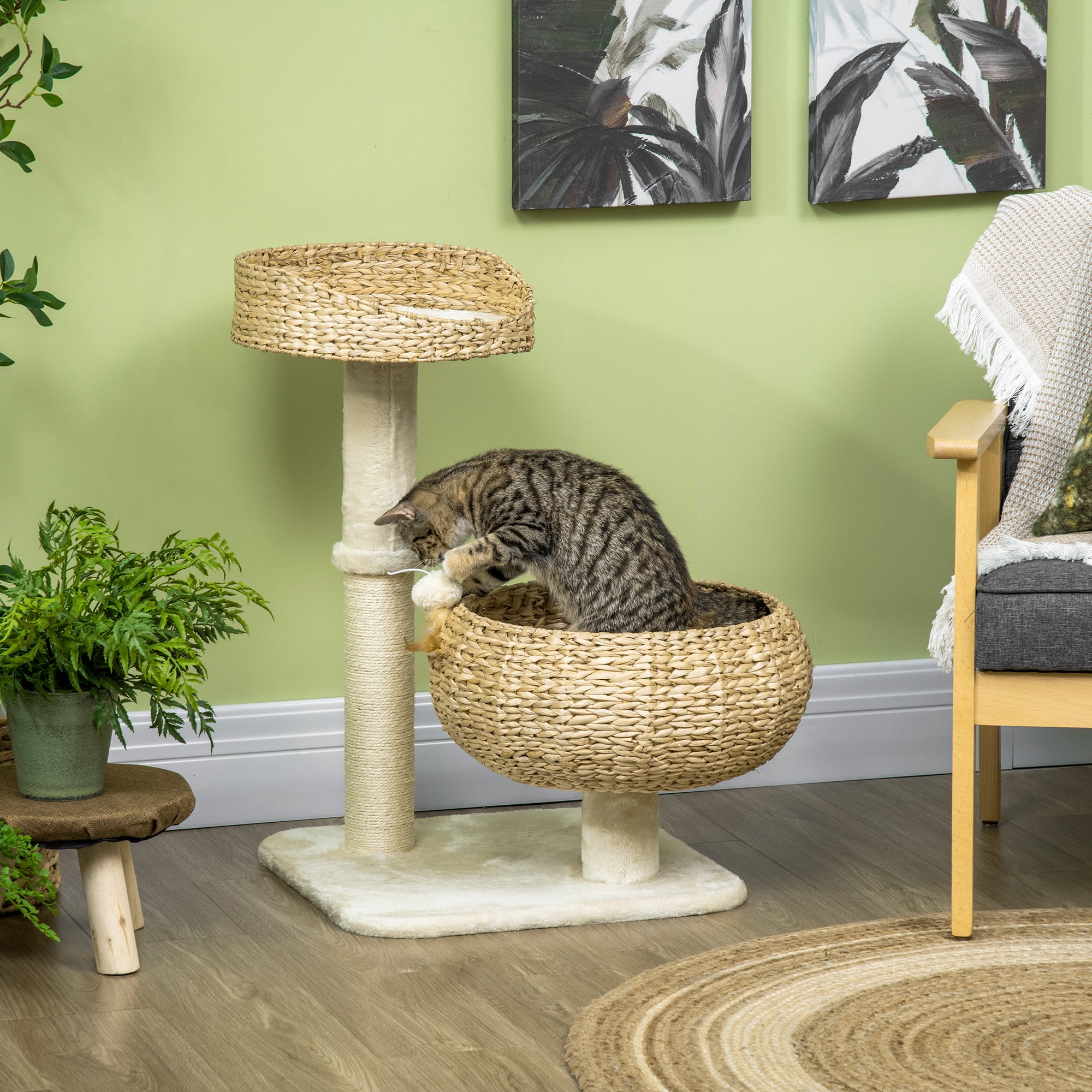 PawHut 28" Elevated Cat Bed with Sisal Scratching Post for Indoor Kitties, Modern Cat Tree with Cute Basket Design, Small Cat Tree with Fun Ball Toy