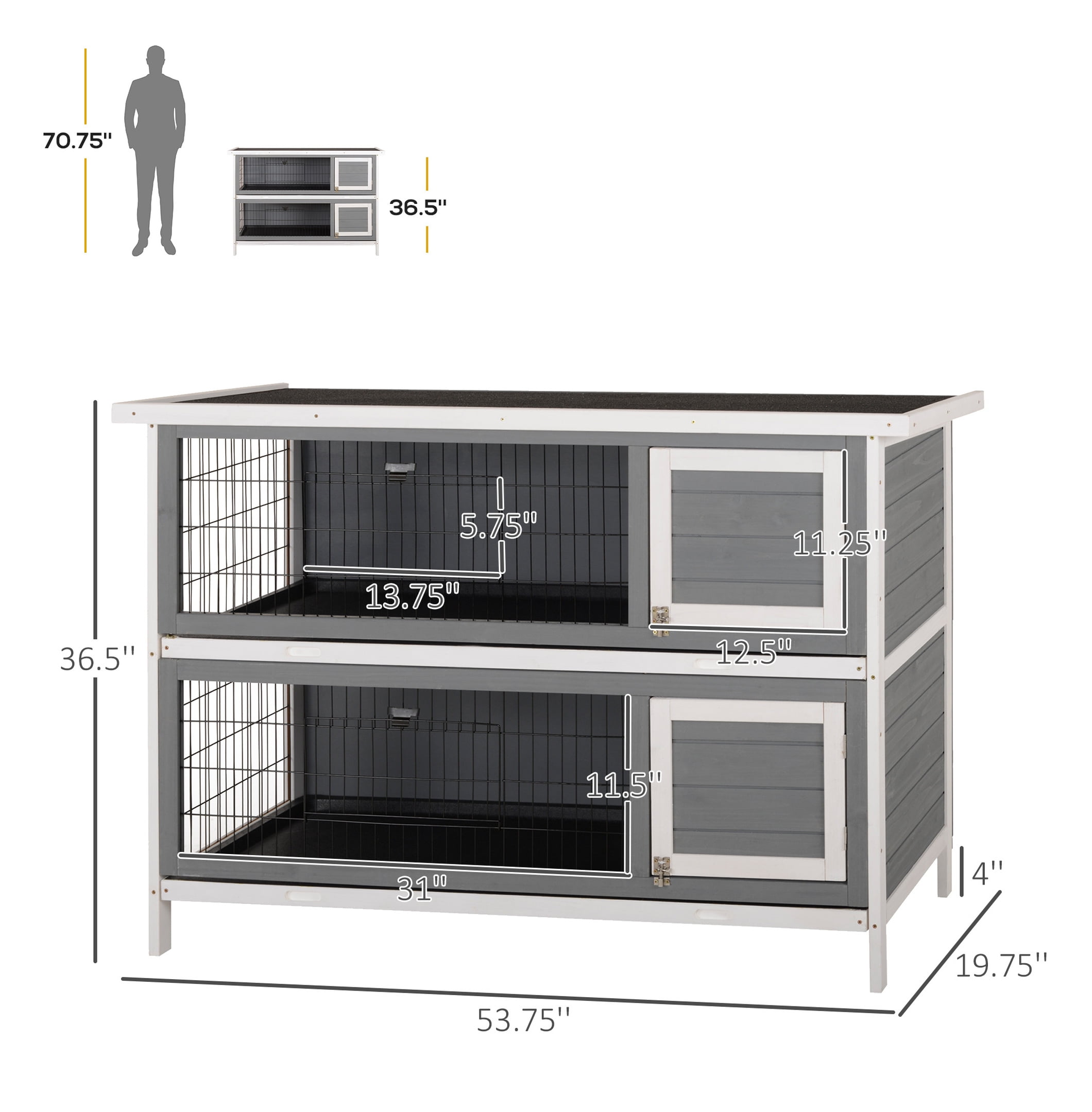 Rabbit Hutch 54" 2-Story Wooden Bunny Cage - Lockable Doors, Waterproof Roof - Outdoor/Indoor Pet House - Dark Grey