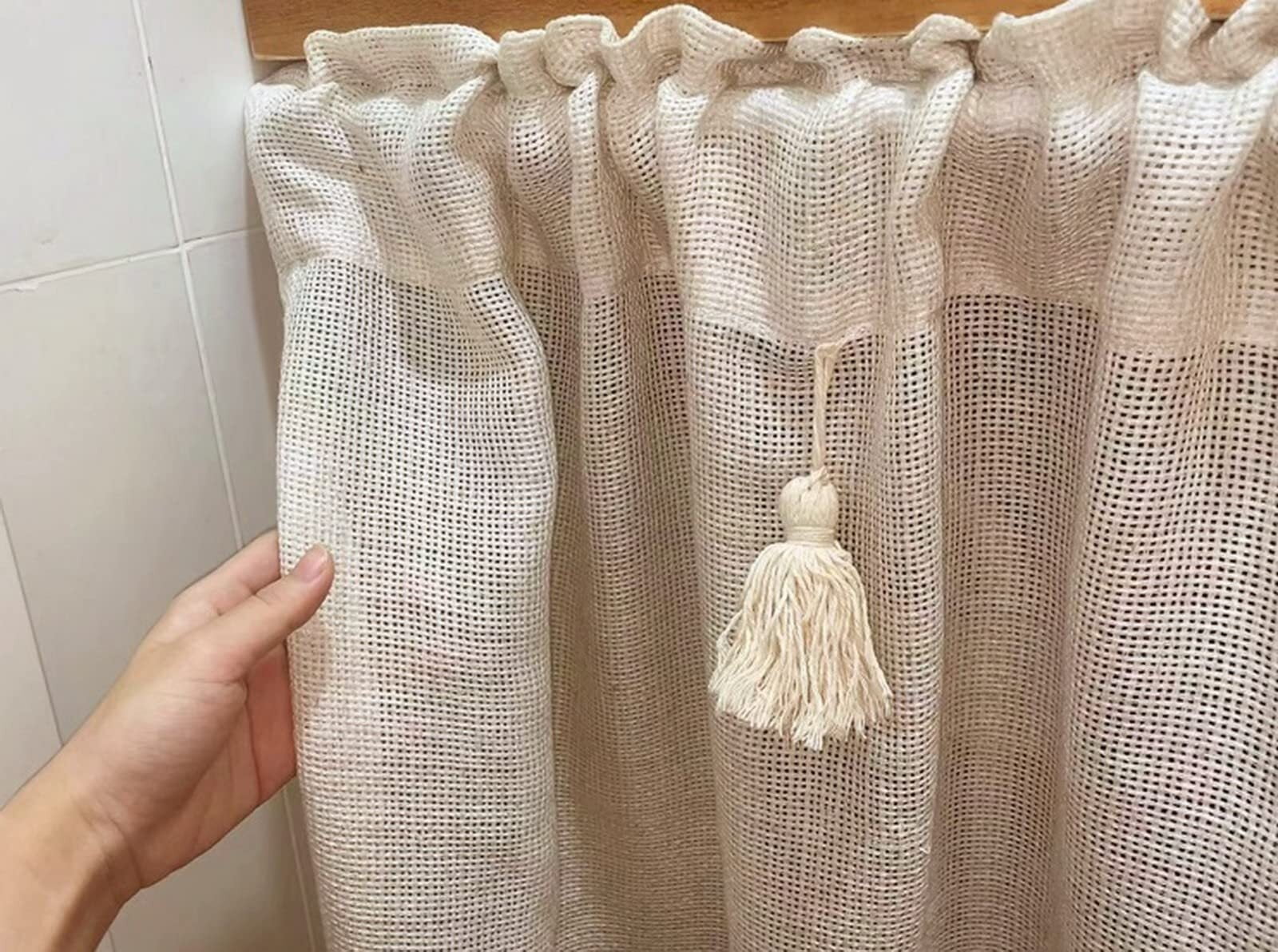 Kitchen Under Sink Solid Beige Linen Cotton Semi-Transparent Half Short Curtain for Small Window Door With Tassels, Rod Pocket
