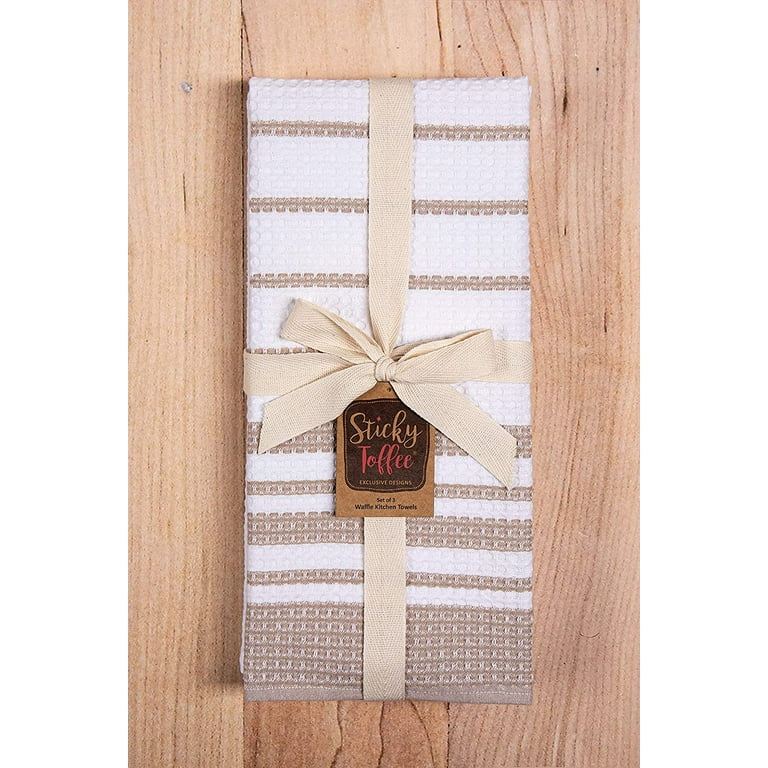 Sticky Toffee Waffle Kitchen Towels Set of 3, White and Tan Cotton
