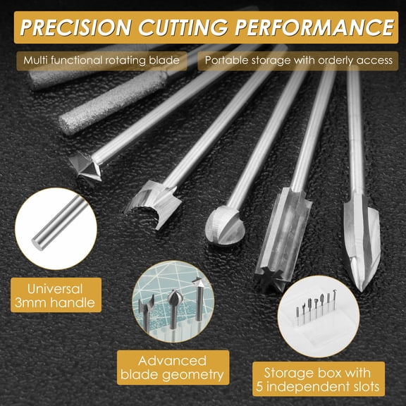 TMWEFUSC 5 Pcs Wood Carving Drill Bit Set with 2 Diamond Grinding Heads White Steel Rotary Tool Wood Carving Bit Set with 1/8" Shank for Woodworking DIY Craft