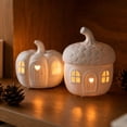 thumbnail image 6 of QLUEWX 2PCS White Resin Pumpkin & Acorn House LED Night Light, Hollow Carved Mini Cottage Lamp, Warm Glow Tabletop Ornament for Fall Harvest Halloween Bedroom Mantel Window Farmhouse Home Decor, 6 of 9
