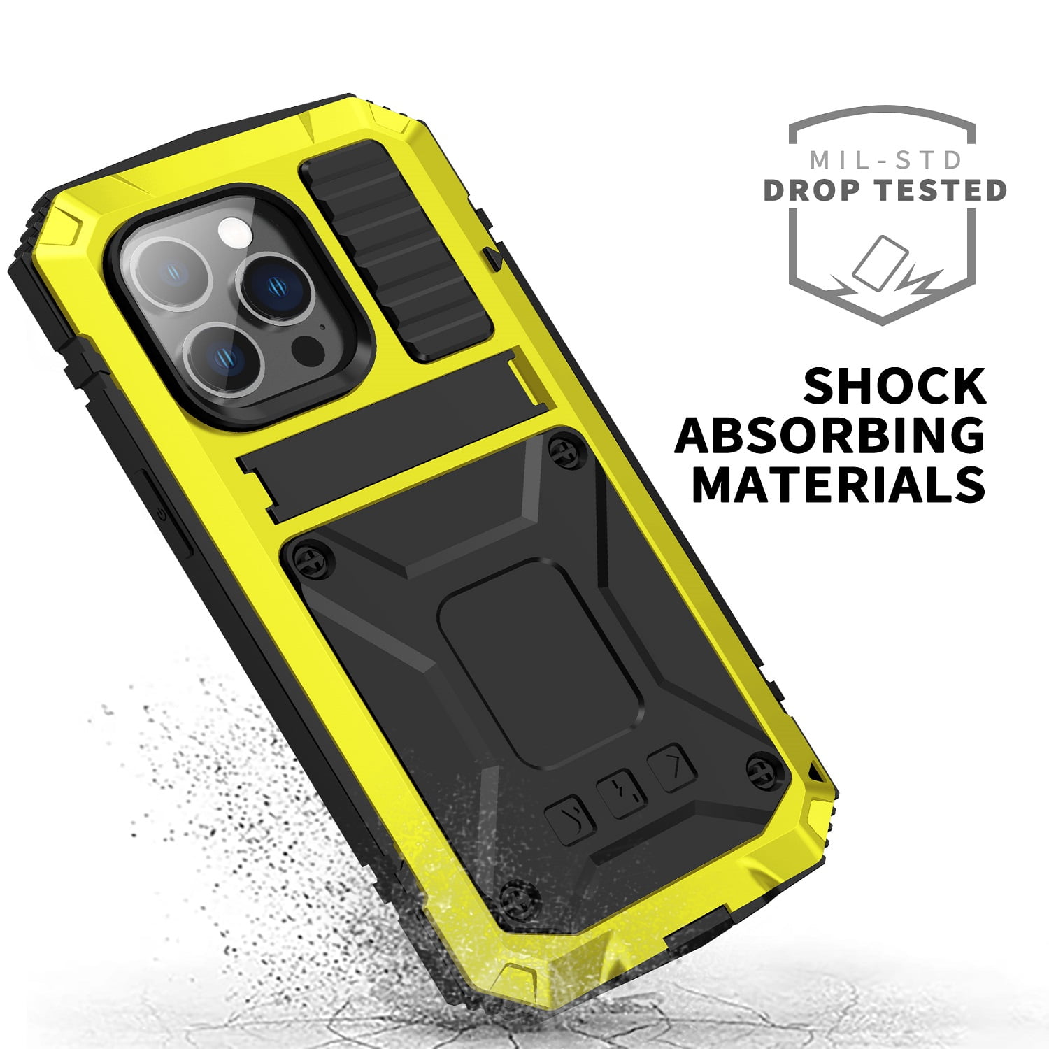 iPhone 14 Pro Max Rugged Full-Body Case, Metal Bumper Built-in Screen Protector&Kickstand,Dustproof and Drop-Proof,Full Body Protection Heavy Duty Rugged Military Cover For iPhone 14 Pro Max, Yellow
