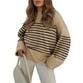 thumbnail image 2 of Women's Oversized Long Sleeve Fuzzy Knit Casual Chunky Pullover Sweater Fall Outfits Clothes Camel Black Stripe M, 2 of 8