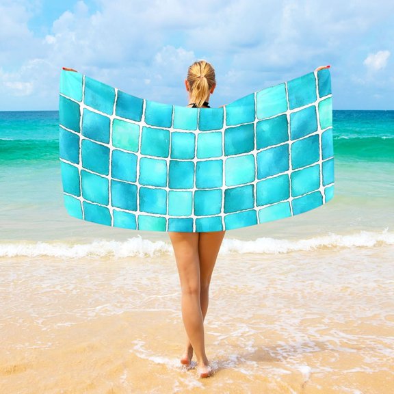 Ryvnso Turquoise Checkered Beach Towel Quick Dry Swimming Yoga Beach Towels Large Sand Free Microfiber Towel 31"W x 71"L