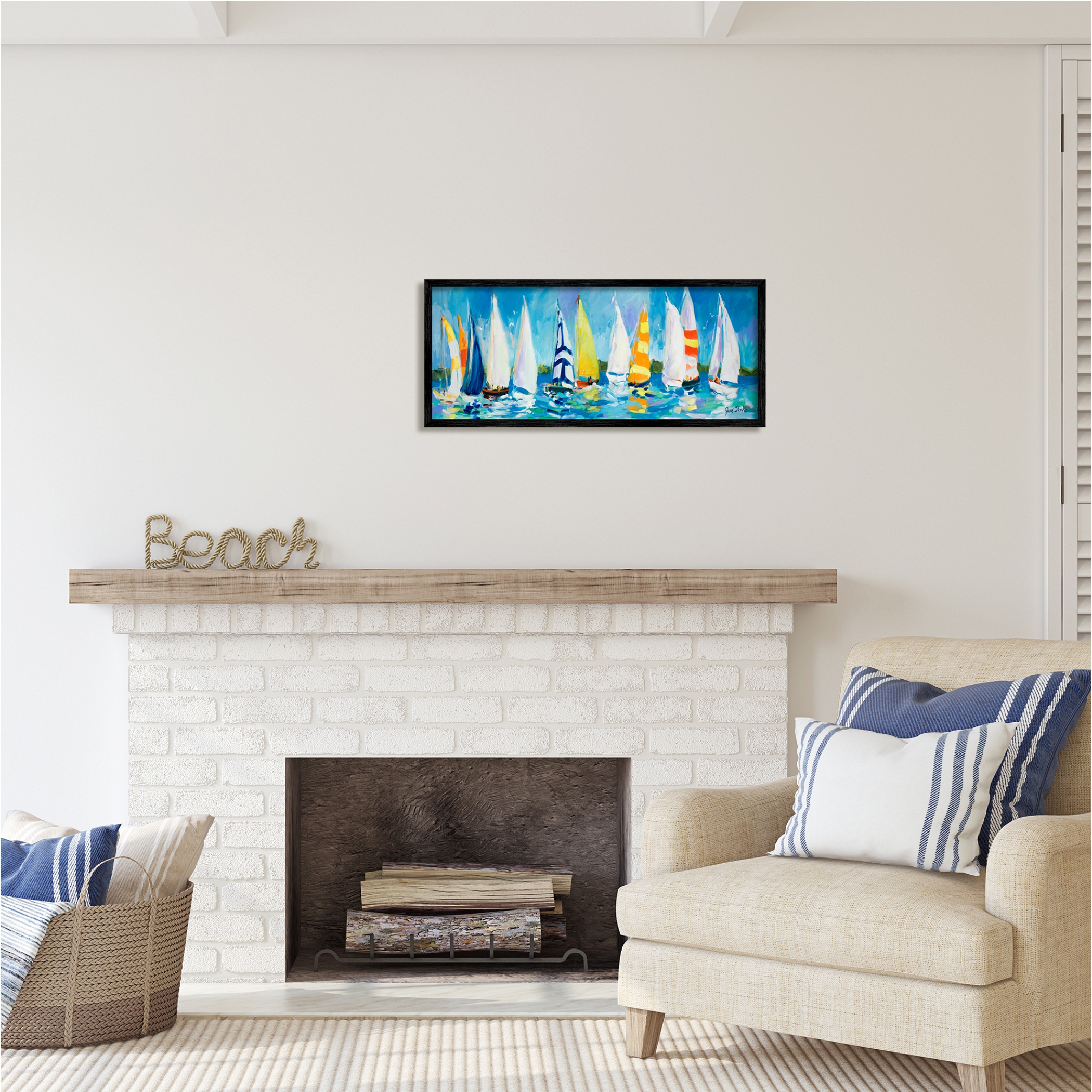 Stupell Industries Regatta Sailboat Fleet Transportation Painting Black Framed Art Print Wall Art, 30 x 13