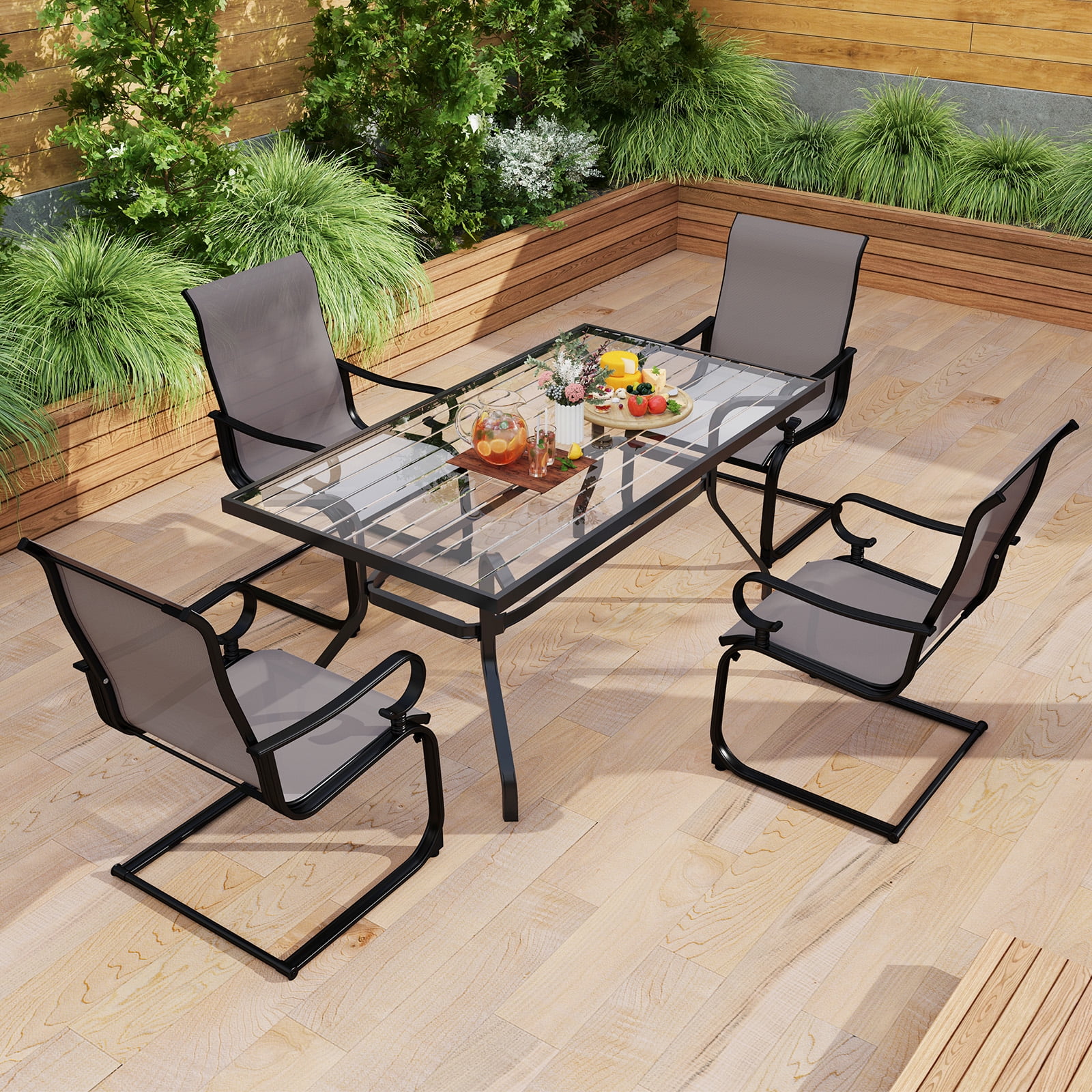 Gymax Patio Dining Chairs Set of 4 C-Spring Motion Patio Chairs w/ Metal Frame Gray & Black