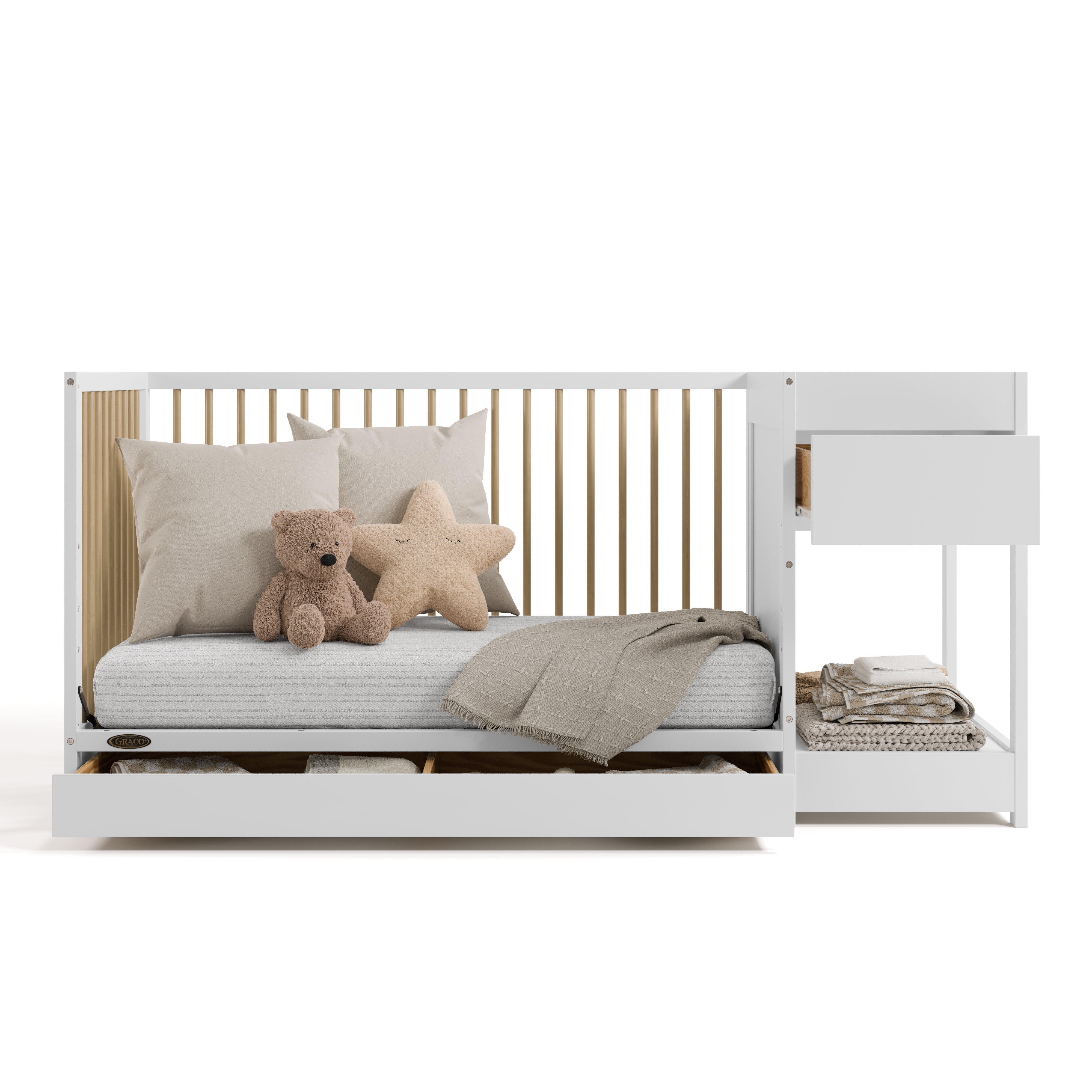Graco Teddi 5-in-1 Convertible Baby Crib and Changer with Drawer, White with Driftwood