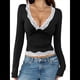 thumbnail image 1 of Blusa Elegante de Larga Y2K para Mujer, con Cuello en V y Ribete de Encaje, Cómoda para Cualquier Ocasión Negro S, 1 of 10