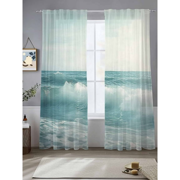 Light Blue Coastal Sheer Curtains for Living Room Bedroom Summer Beach Seaside Ocean Sheer Curtains 84 Inch Long 2 Panels Set Light Filtering Curtain Window Treatments Drapes for Dining Room