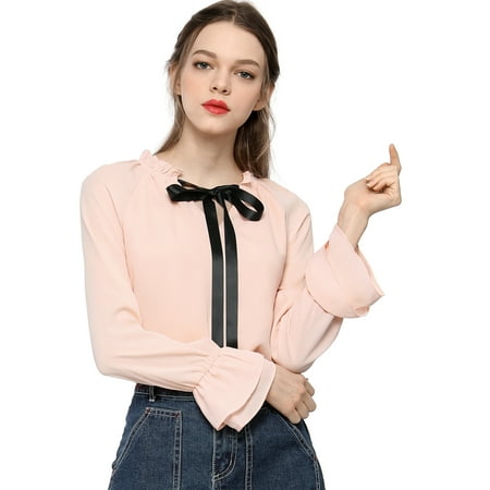 Ruffle Neck T-shirt - Women's Ruffles Tie Neck Layered Chiffon Blouse T-Shirt